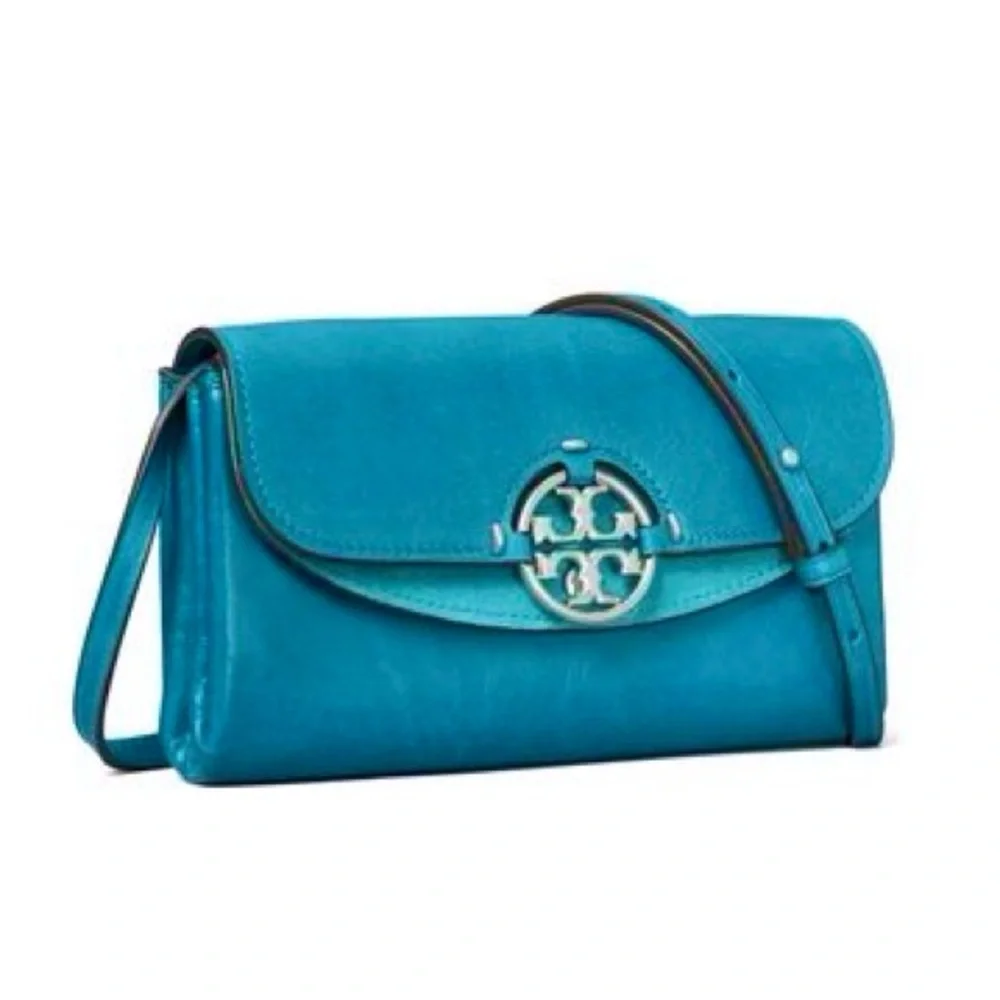 Tory Burch Turquoise Blue Leather and Suede ‘Miller’ Wallet-on-Chain Crossbody